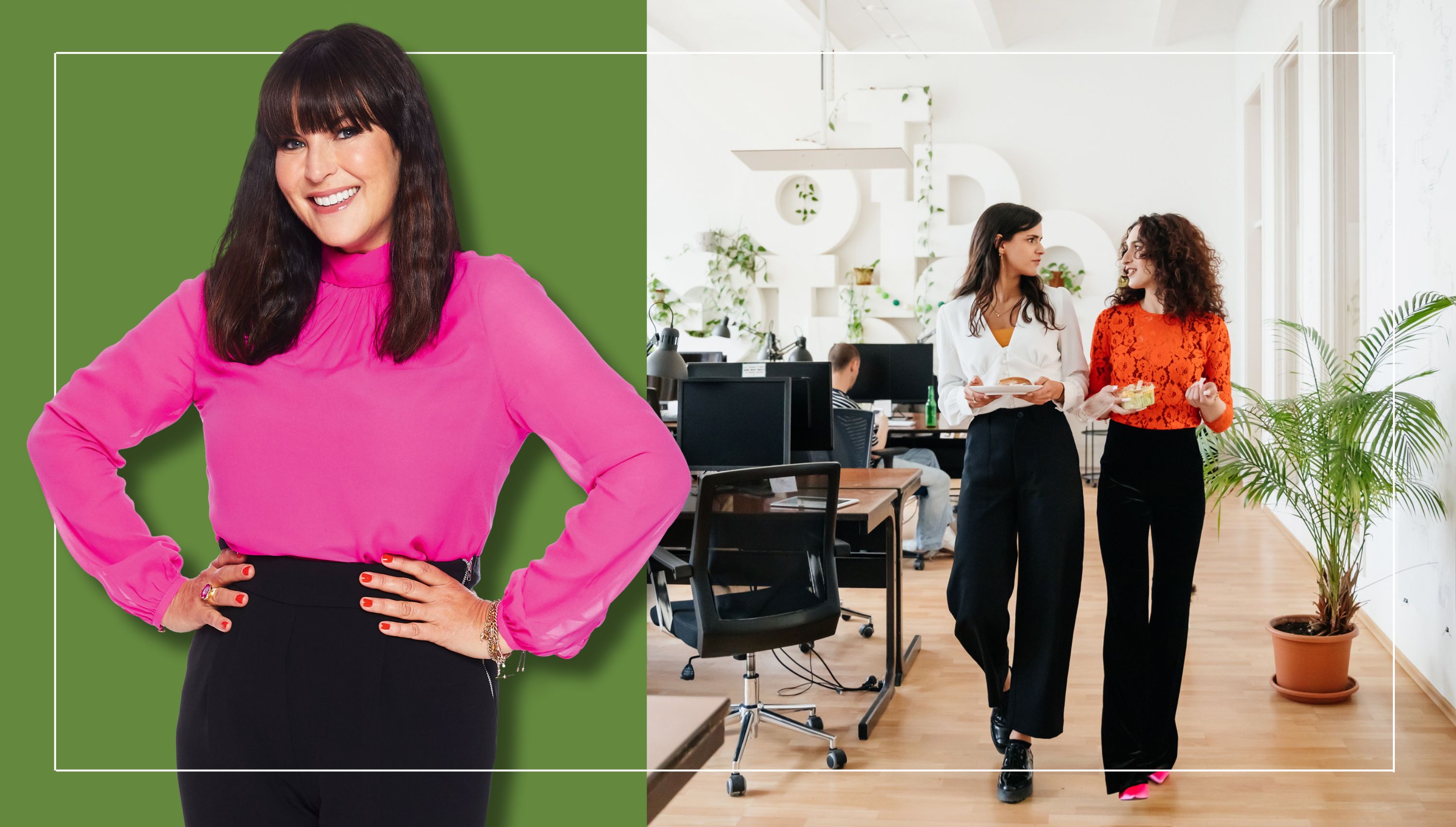 A headshot of Anna Richardson is laid over a photo of two women walking and chatting in an office