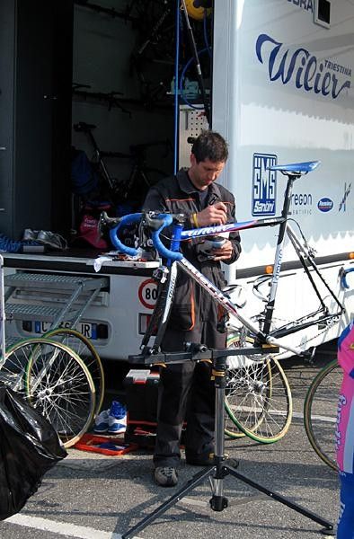 Biron at work on the team's bikes.