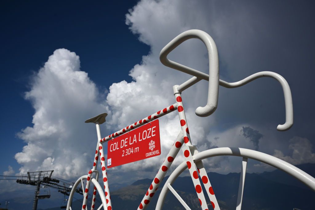 MERIBEL FRANCE SEPTEMBER 16 Polka Dot Mountain Jersey Bike Col de la Loze 2304m during the 107th Tour de France 2020 Stage 17 a 170km stage from Grenoble to Mribel Col de la Loze 2304m TDF2020 LeTour on September 16 2020 in Mribel France Photo by Stuart FranklinGetty Images