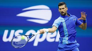 Novak Djokovic of Serbia returns a shot against Alexandre Muller of France during their Men's Singles First Round match on Day One of the 2023 US Open at the USTA Billie Jean King National Tennis Center on August 28, 2023 in the Flushing neighborhood of the Queens borough of New York City. 