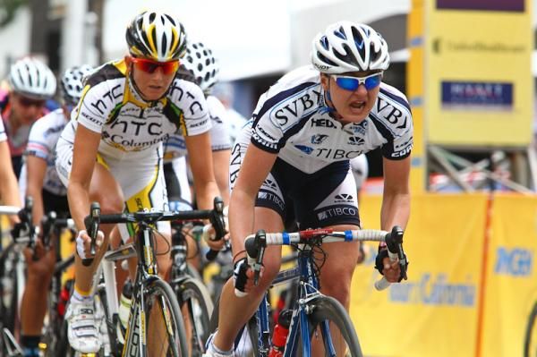 Megan Guarnier (Tibco) leads Kim Anderson (HTC-Columbia) in Sacramento.