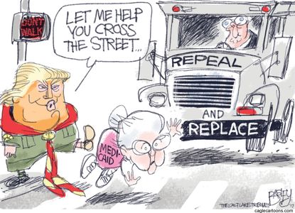 Political cartoon U.S. Trump boy scout Medicaid GOP health care repeal replace