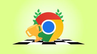 Google Chrome logo on a checkerboard finish line, holding a trophy and wearing a laurel