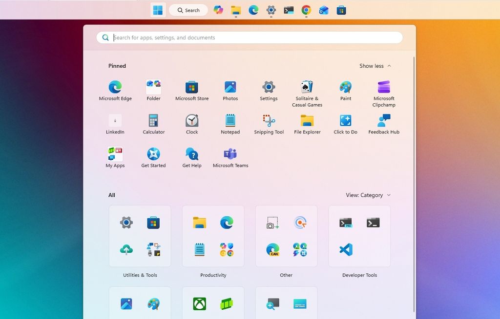 Windows Start menu with colorful background; icons for apps like Microsoft Edge, Settings, and Paint are shown in categories like Productivity and Tools.
