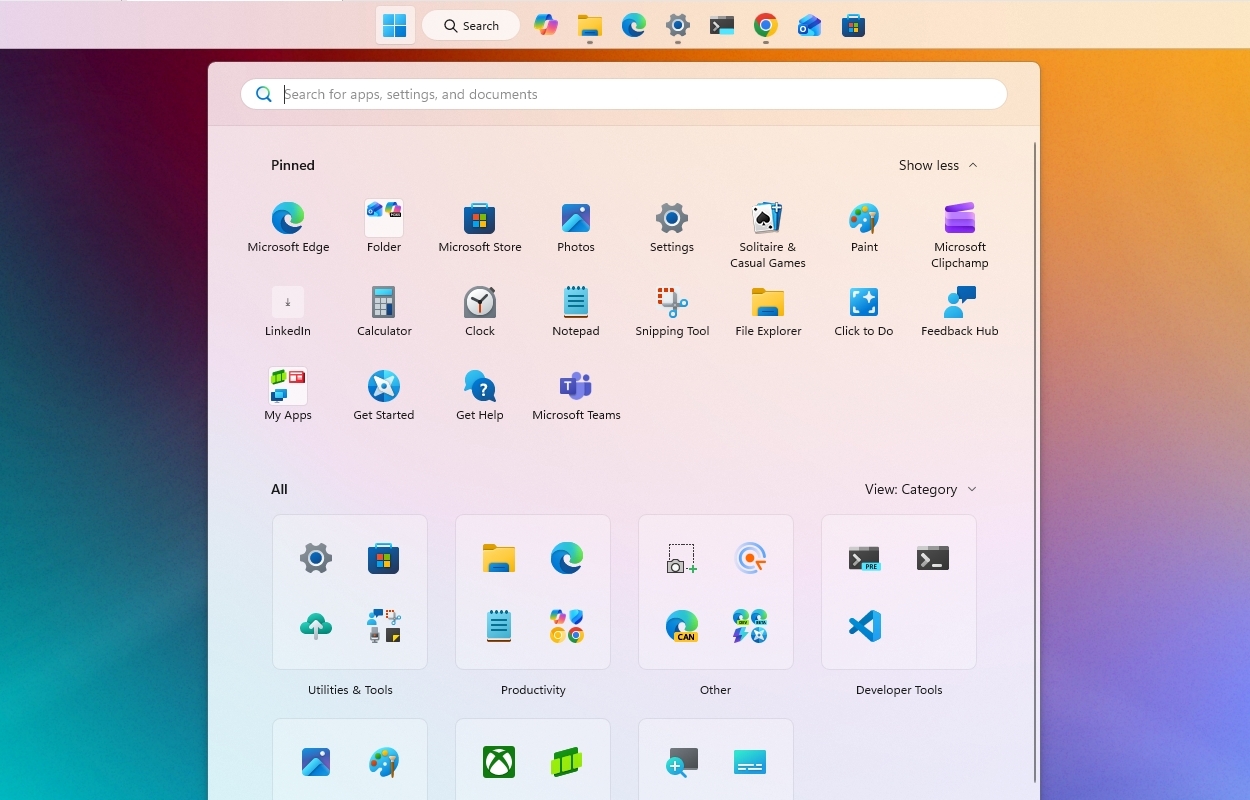 Windows Start menu with colorful background; icons for apps like Microsoft Edge, Settings, and Paint are shown in categories like Productivity and Tools.