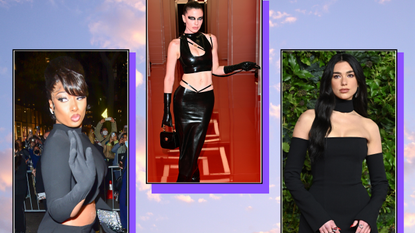 Collage of Megan Thee Stallion, Julia Fox and Dua Lipa, all wearing long gloves