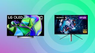 The LG C3 TV and Sony Inzone M9 monitor on a colourful background 