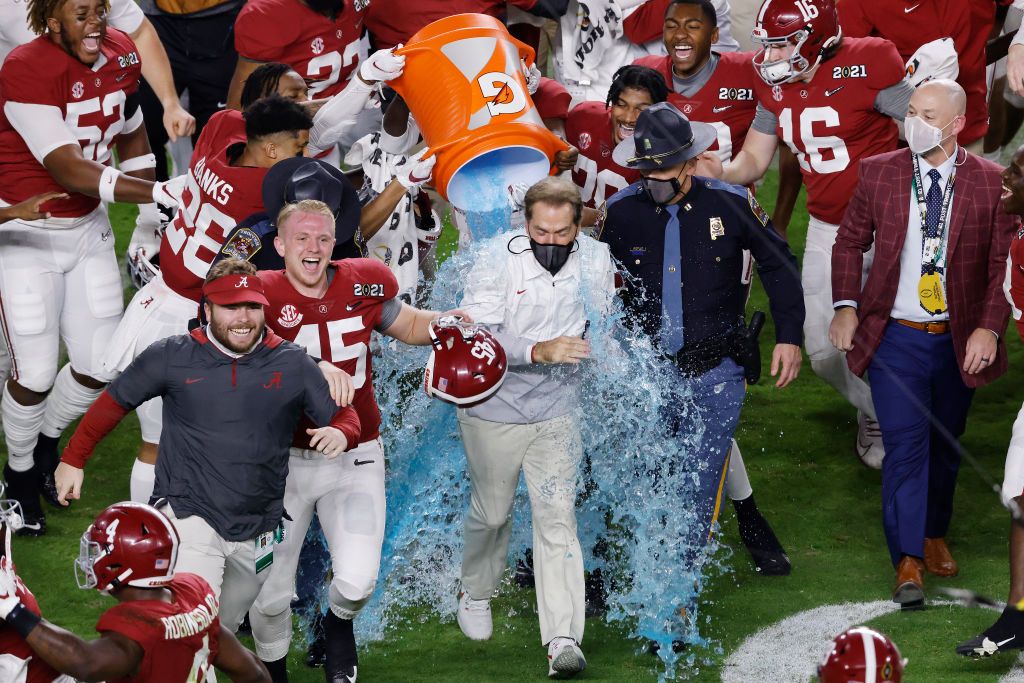 Nick Saban is dunked after record seventh national title