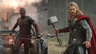 Deadpool with swords in Deadpool &amp; Wolverine/Thor with hammer in Thor: The Dark World