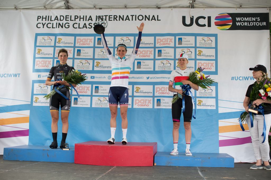 Megan Guarnier (Boels Dolmans) on the Philadelphia Cycling Classic podium top step
