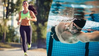 Left image woman running outdoors in activewear and right image man swimming underwater in swimming pool