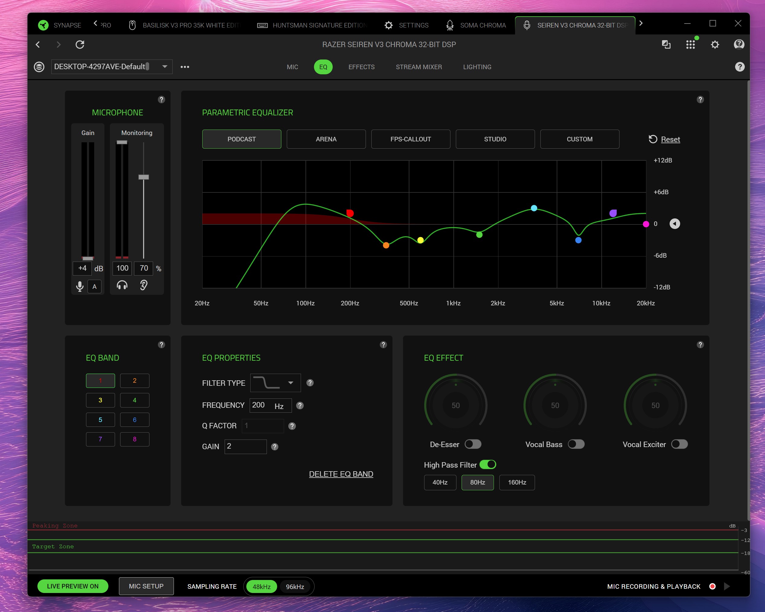 Screenshot of Razer Synapse software displaying Parametric Equalizer settings for the Seiren V3 Chroma, featuring a frequency curve graph, presets, and EQ effects.