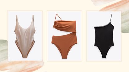 composite of three of the best zara swimsuits for summer 2023