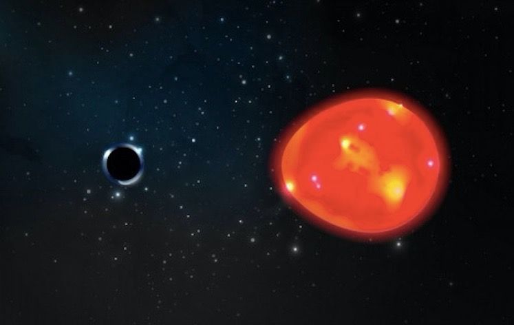 Artist&#039;s illustration of the tiny black hole candidate known as &quot;The Unicorn&quot; tugging on its companion, a red giant star.