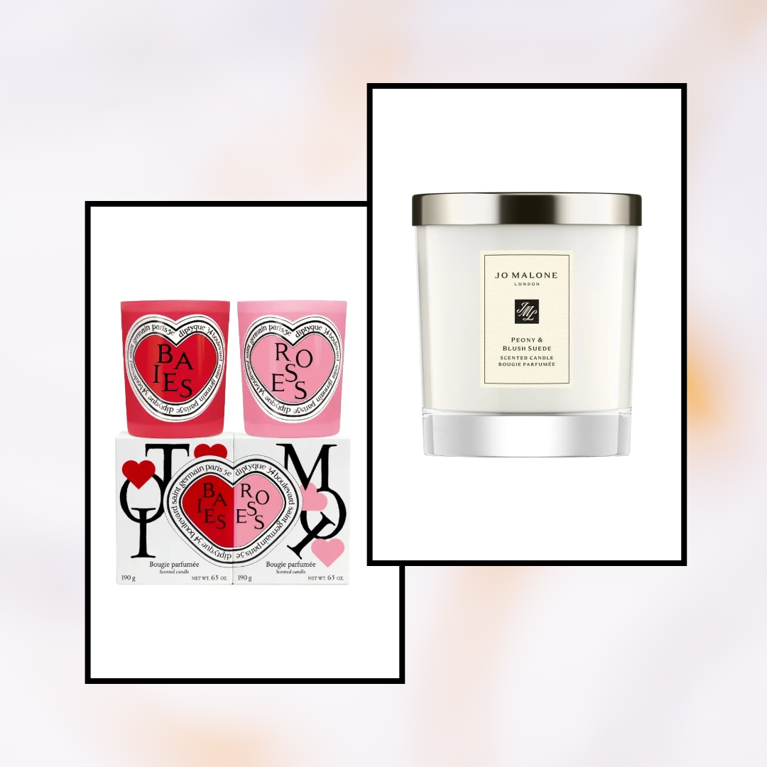 Product collage of Diptyque Classic Candles (Valentine’s Day Edition) - Baies and Roses, Jo Malone London Peony &amp; Blush Suede Scented Home Candle on white squares with black borders on a pink, white, grey, and orange gradient background