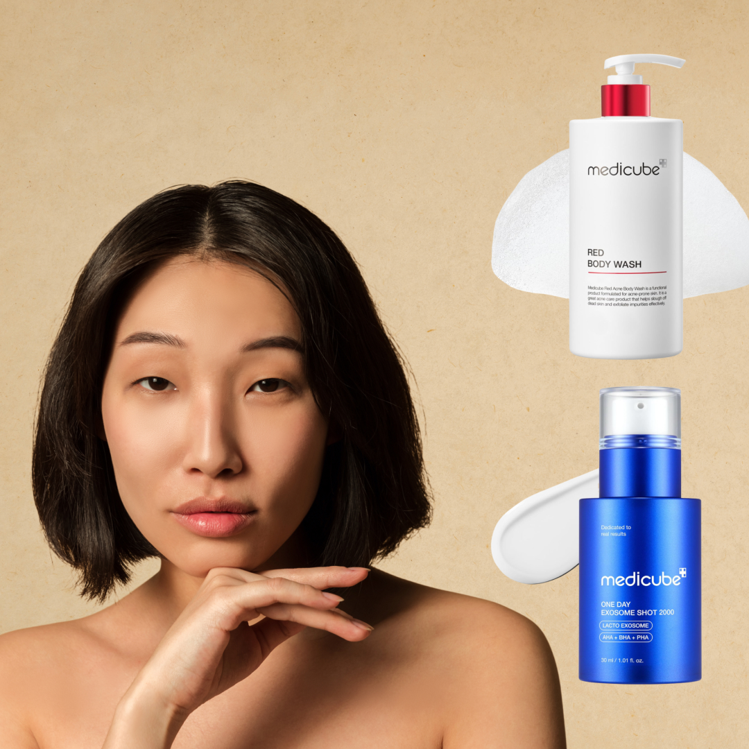 A woman with a bob haircut next to two k beauty products. 