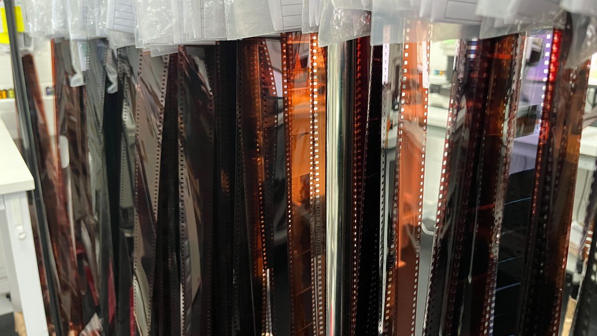 Disposable film camera being processed.