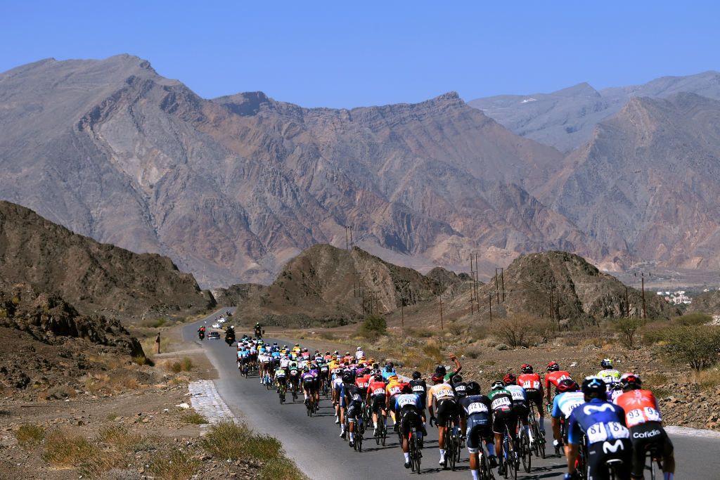 JABAL HATT OMAN FEBRUARY 13 A general view of Jeroen Meijers of The Netherlands and Terengganu Polygon Cycling Team Gold Most Active Rider and the peloton passing through a landscape during the 12th Tour of Oman 2023 Stage 3 a 1518km stage from Al Khobar to Jabal Hatt 1000m TourofOman on February 13 2023 in Jabal Hatt Oman Photo by Alex BroadwayGetty Images