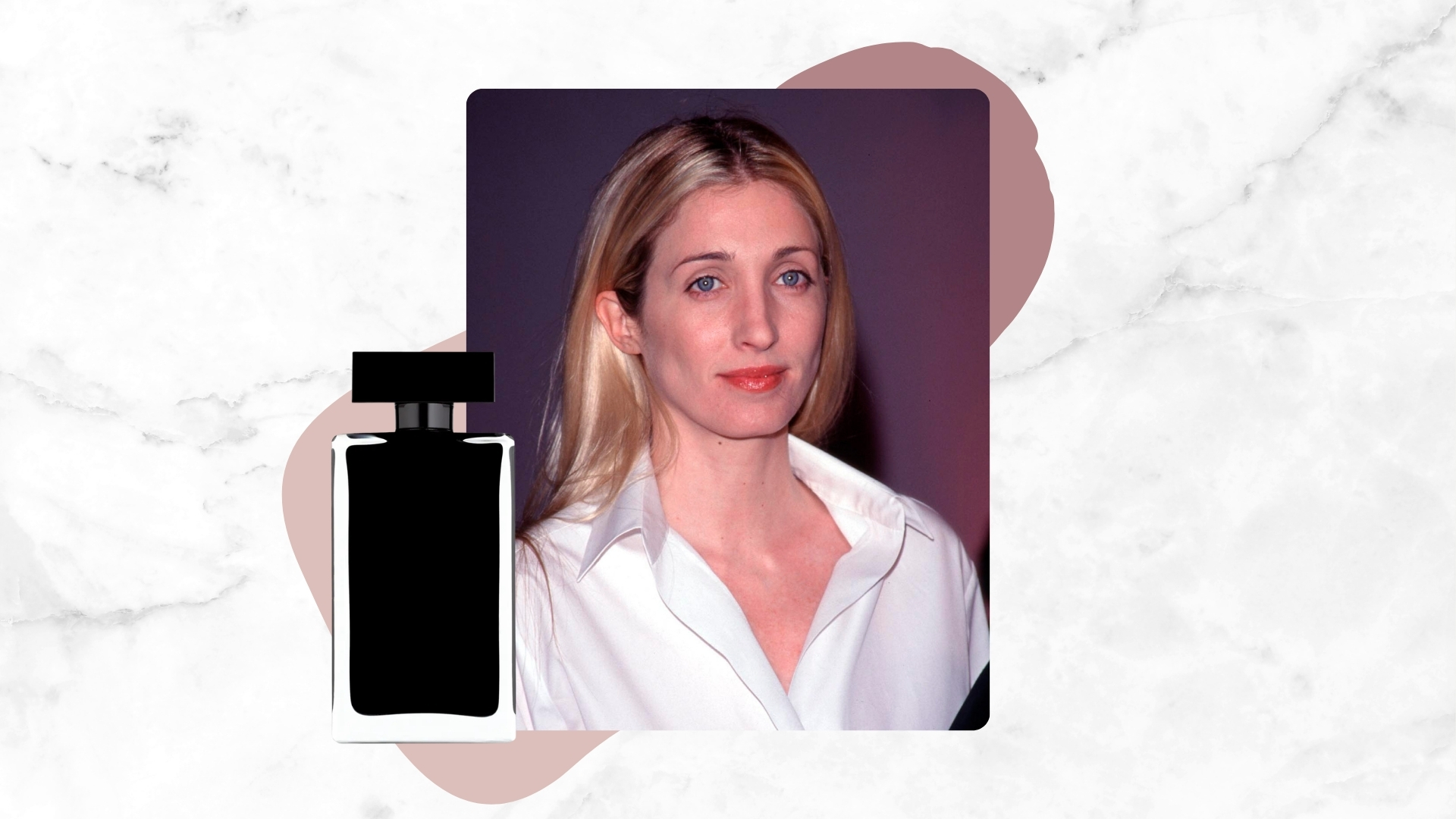 Image of Carolyn Bessette-Kennedy smiling with long straight blonde hair tucked behind her ears and wearing a white shirt, on a white marble background with mauve details and a black perfume bottle