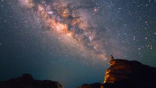 Brightest stars: A star-studded sky with the bulge of the Milky Way stretching diagonally from top left to bottom right. A person is sitting on a rock in the foreground and looking up at the celestial light show. 