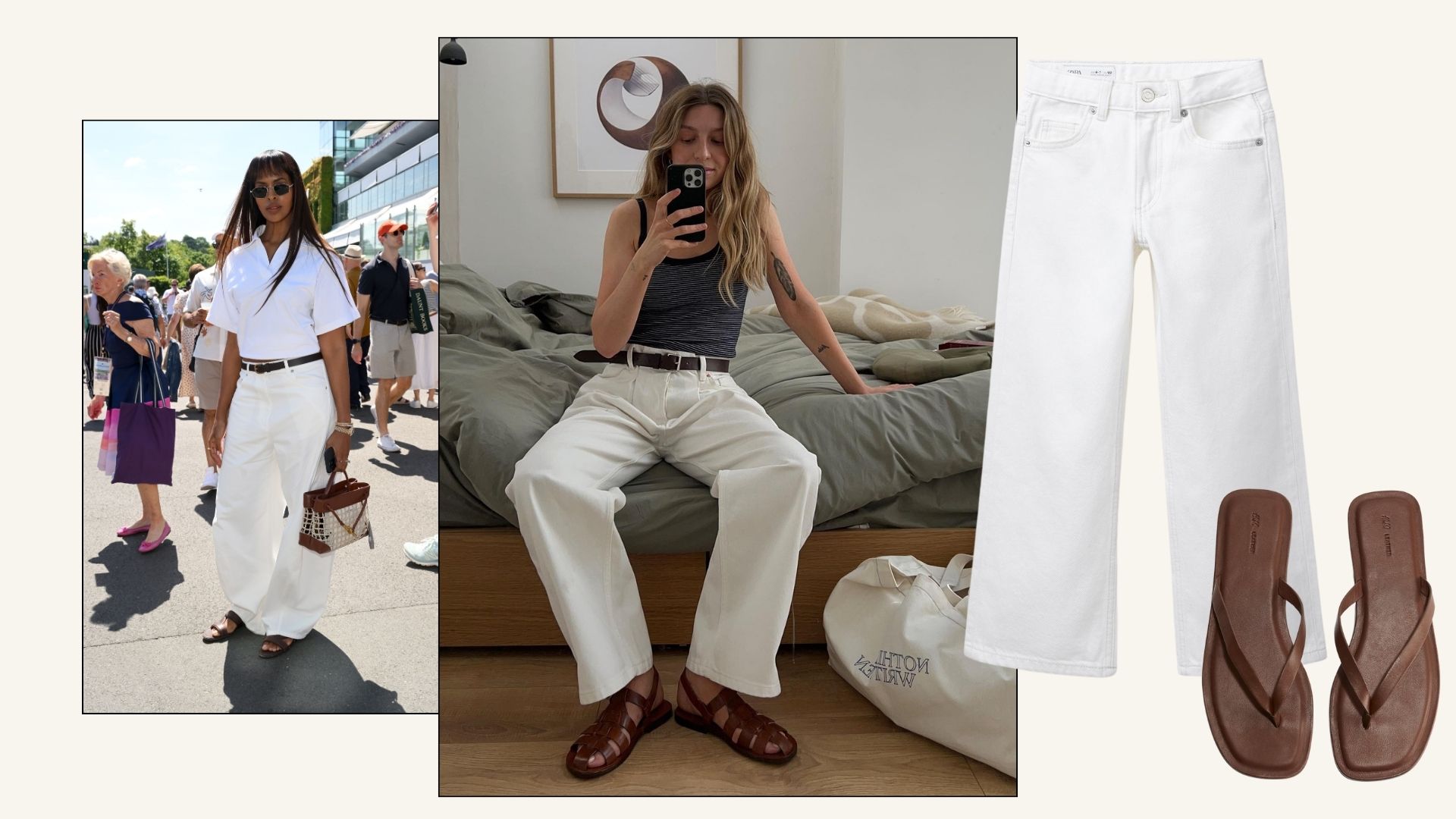 Sabrina Elsa and @brittanybathgate wear white jeans with brown sandals.
