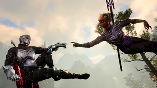 A screenshot from Baldur's Gate 3, featuring Karlach and Tav recreating Michelangelo's "The Creation of Adam".