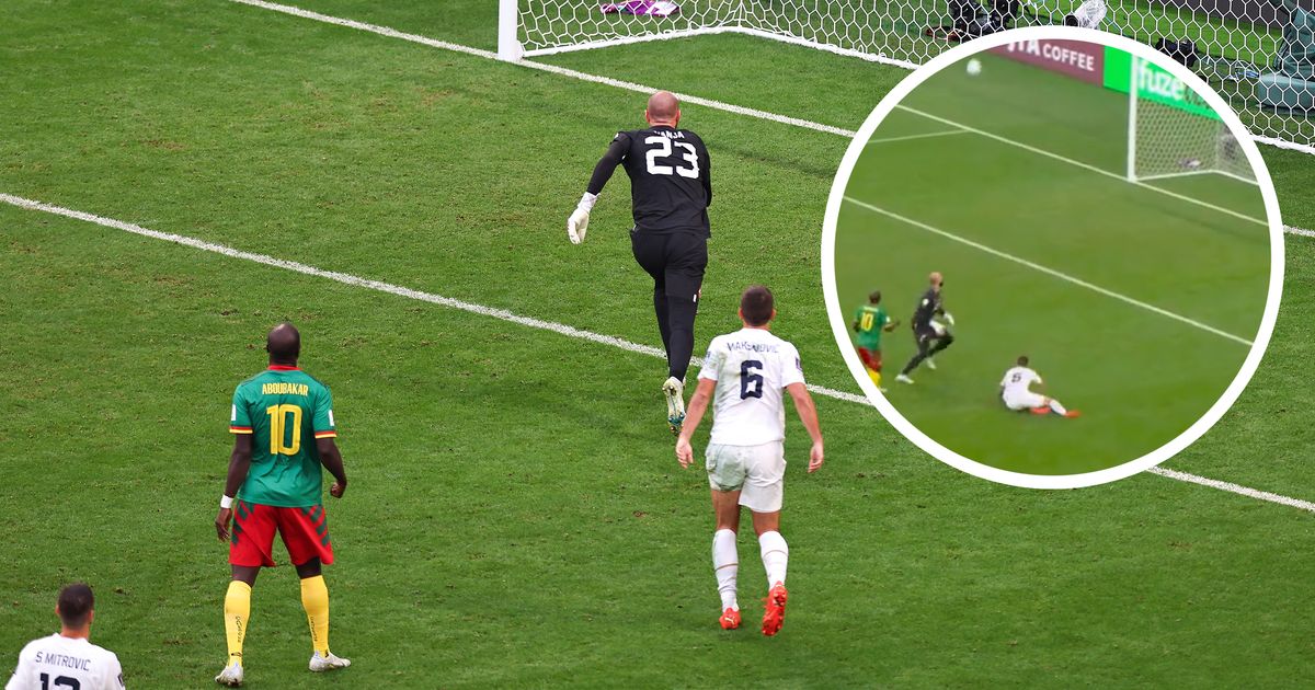 Vincent Aboubakar of Cameroon scores a goal to make it 2-3 during the FIFA World Cup Qatar 2022 Group G match between Cameroon and Serbia at Al Janoub Stadium on November 28, 2022 in Al Wakrah, Qatar.