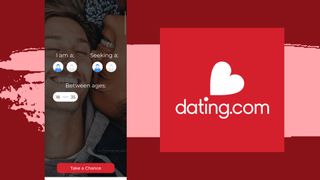Dating.com app logo and screenshot of the sign up homepage