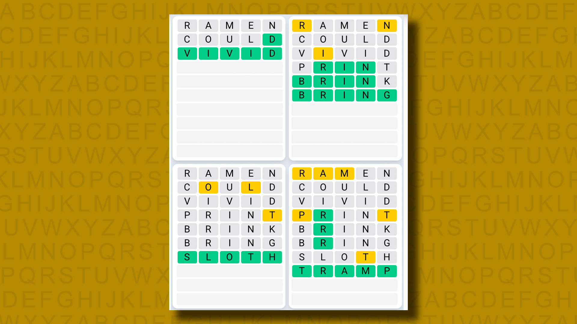 Quordle Daily Sequence answers for game 1266 on a yellow background
