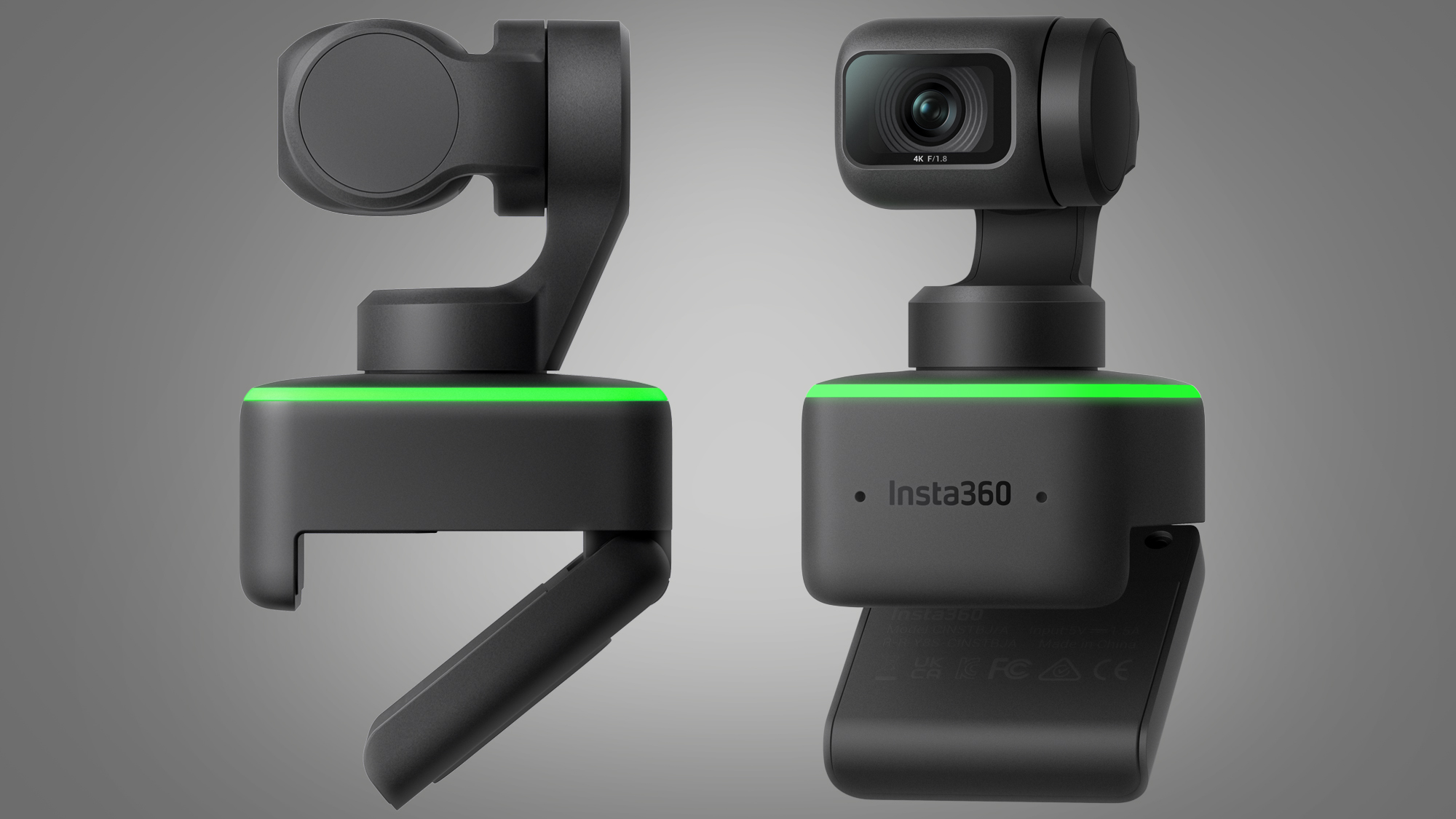 The side and front of the Insta360 Link webcam on a grey background