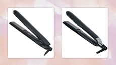 Collage of ghd Platinum+ Straighteners and ghd Gold straighteners on a pink watercolour background