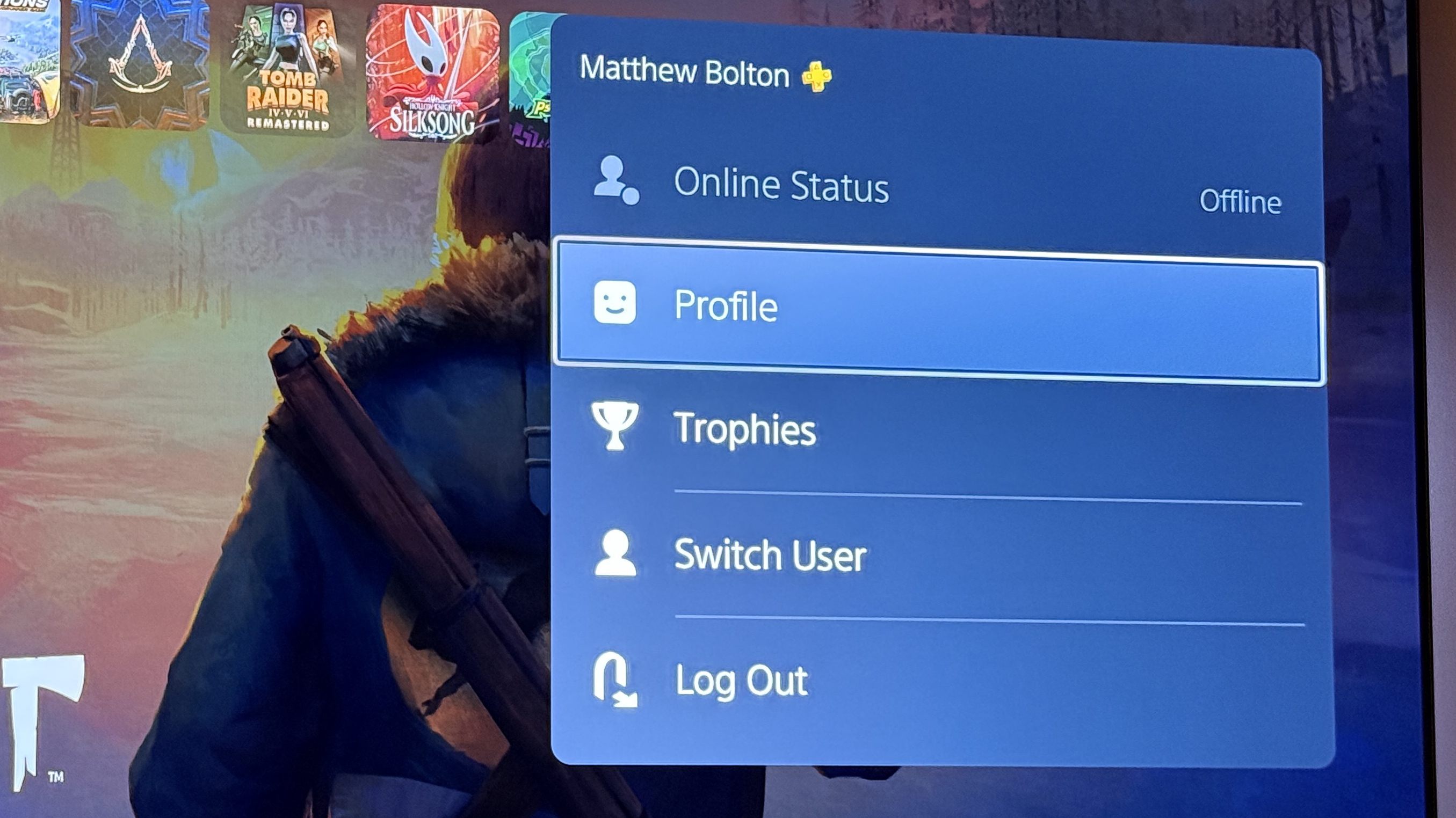A PlayStation menu showing my status as being offline