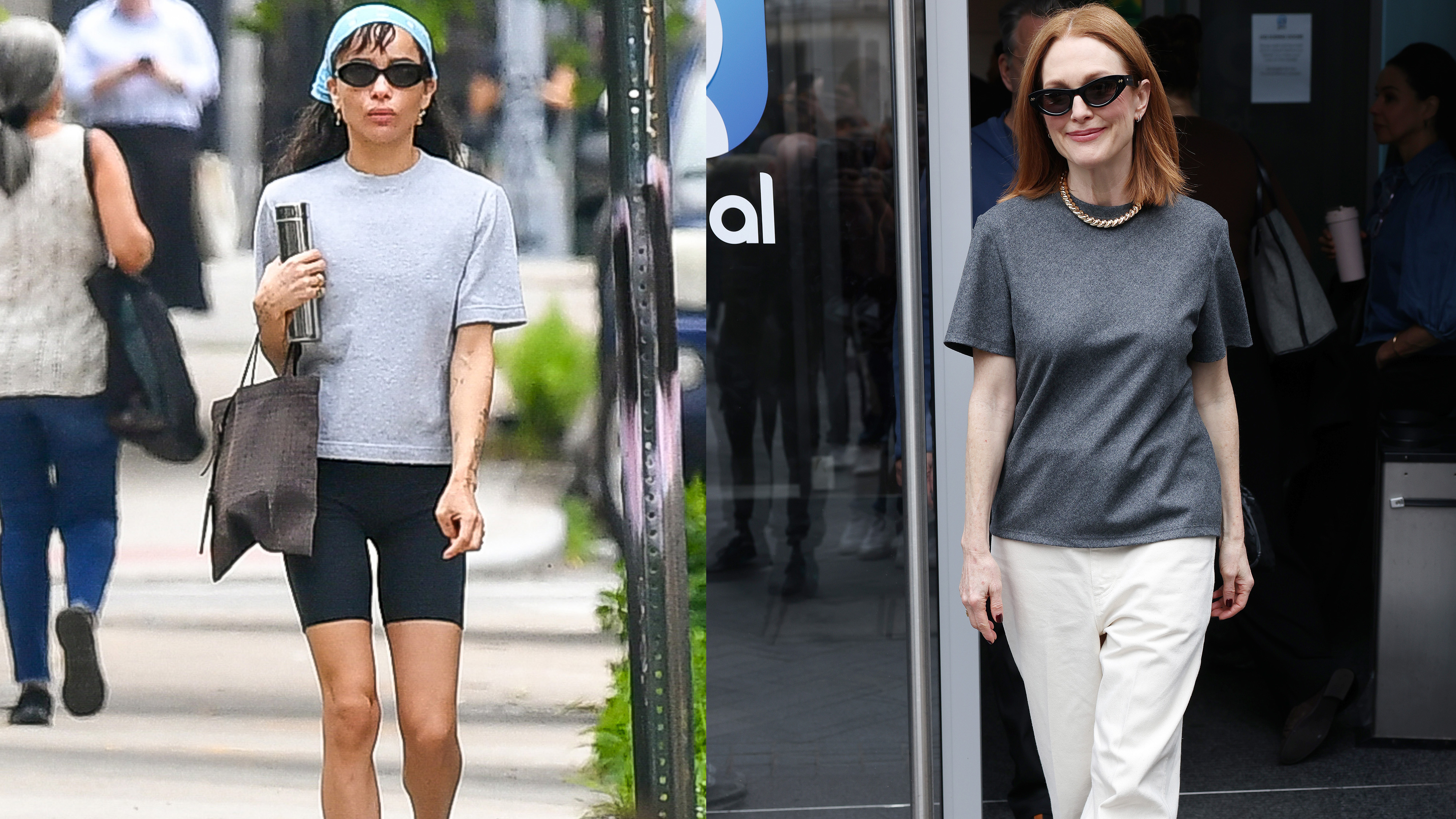 A collage of Zoe Kravitz and Julianne More wearing gray t-shirts with bike shorts, jeans, and black sunglasses.