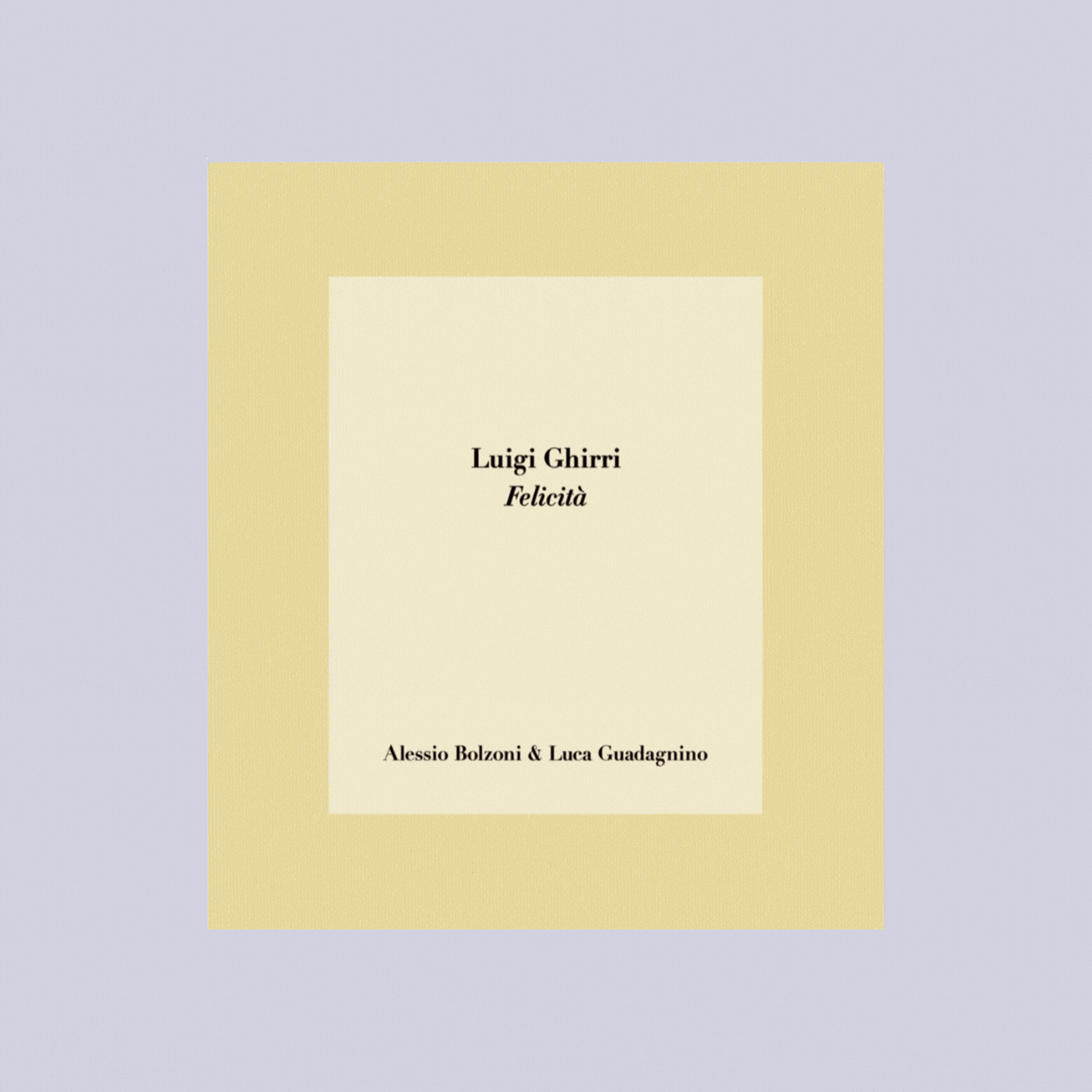 A rotating gif showcasing the yellow-tinted cover of a book that reads Luigi Ghirri: Felicit&amp;agrave; and its photography-filled interior against a pale purple background.