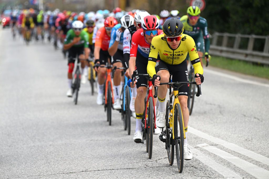 A familiar sight - Steven Kruijswijk (Visma-Lease A Bike) does the pacemaking at the front of the peloton