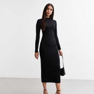 Black Ruched Jersey Bodycon Midi Dress