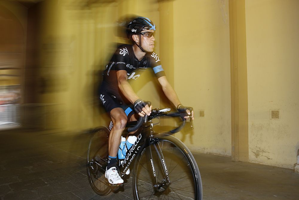 Richie Porte (Team Sky) heads to the stage 12 start line in Imola