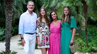 King Felipe VI of Spain, Crown Princess Leonor of Spain, Queen Letizia of Spain and Princess Sofia of Spain visit the Alfabia Gardens