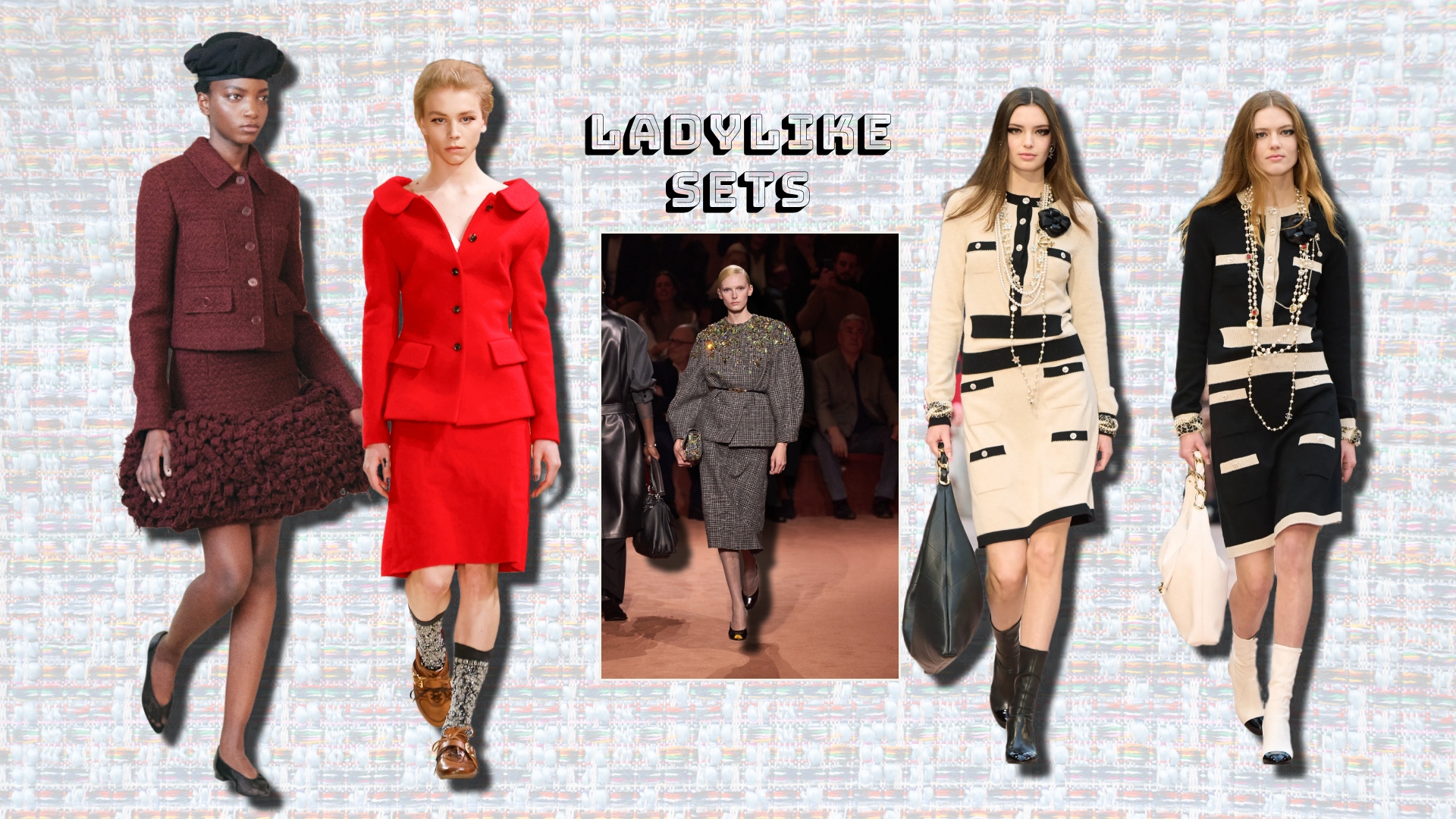 Runway shots of a models showcasing Fall 2025’s matching sets trend.
