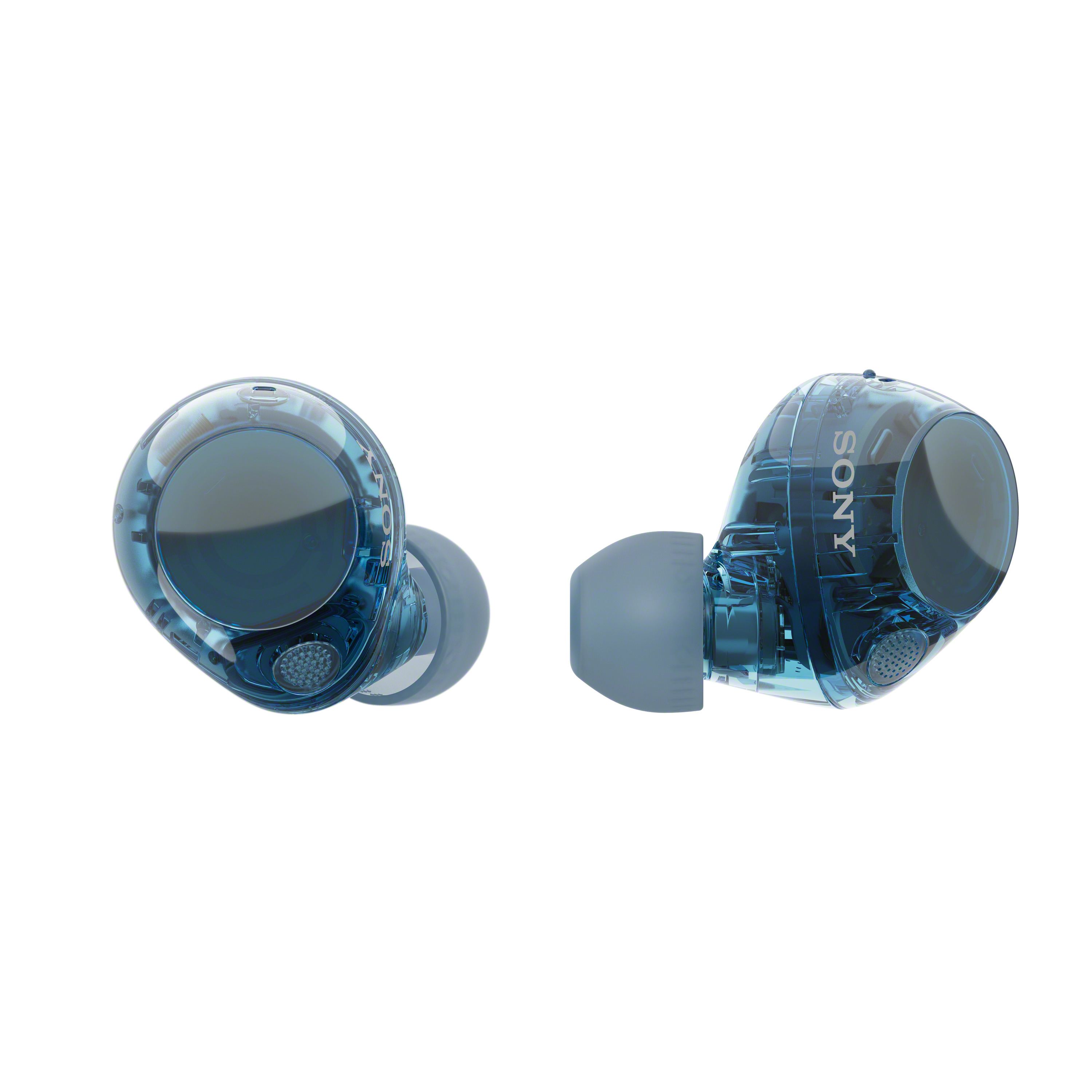 A pair of Sony WF-C710N earbuds in glass blue finish. The background is plain white.