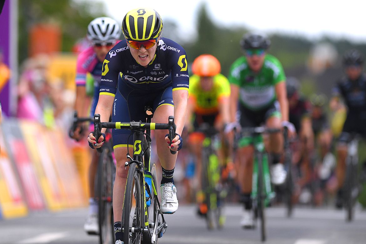 Gracie Elvin at the finish line on stage 1 of the Ladies Tour of Norway