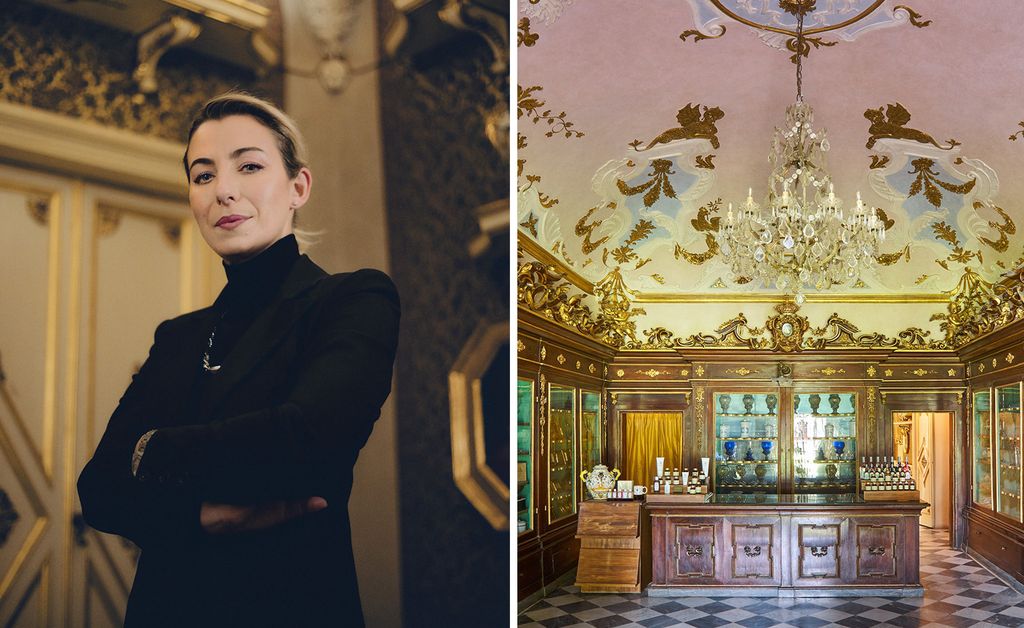 woman and Santa Maria Novella apothecary interior