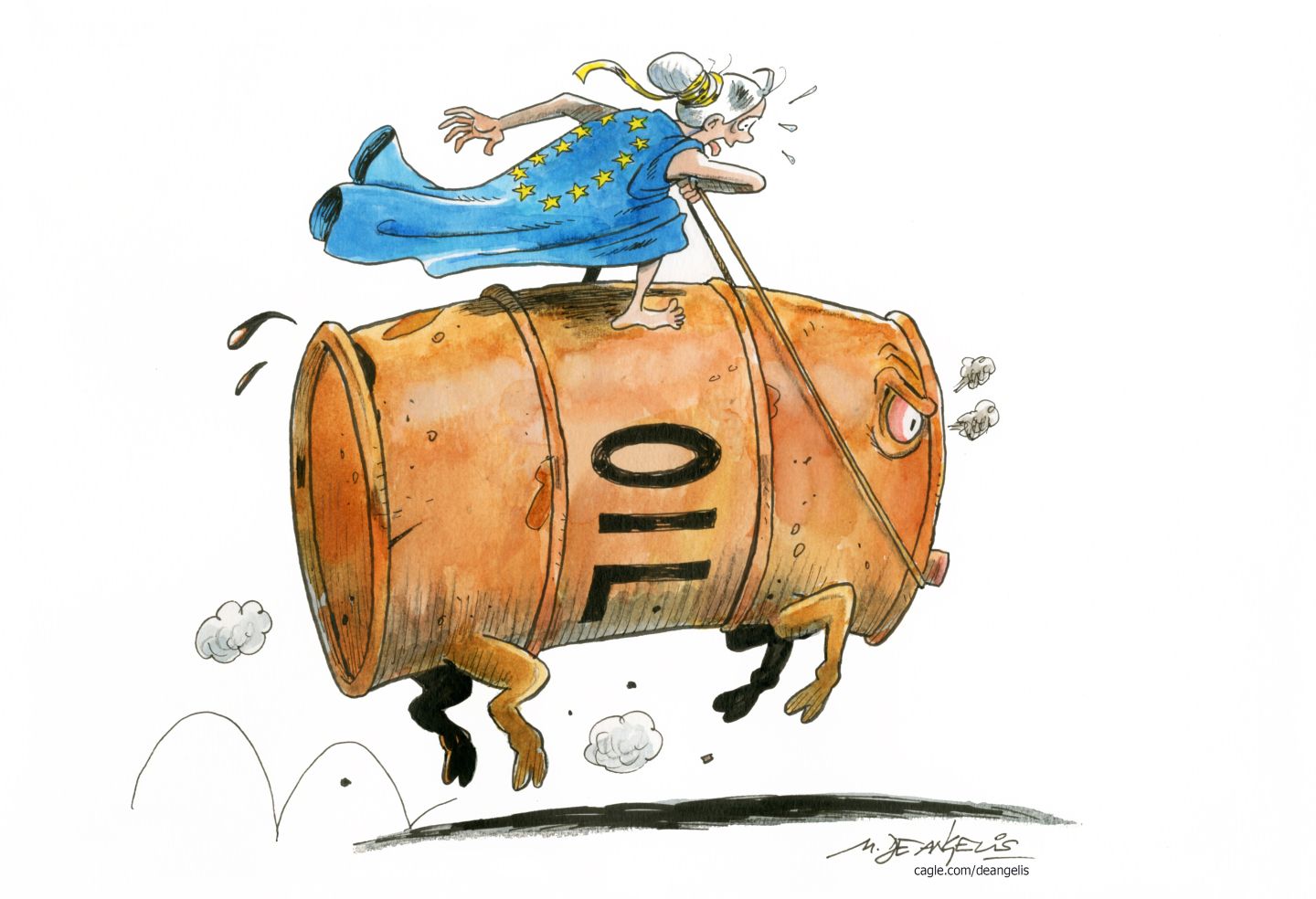 
                                This political cartoon features a woman wearing the blue and gold flag of the European Union, precariously riding a bucking oil drum drawn to resemble a bull. The drum has an angry face and kicks up dust.
                            