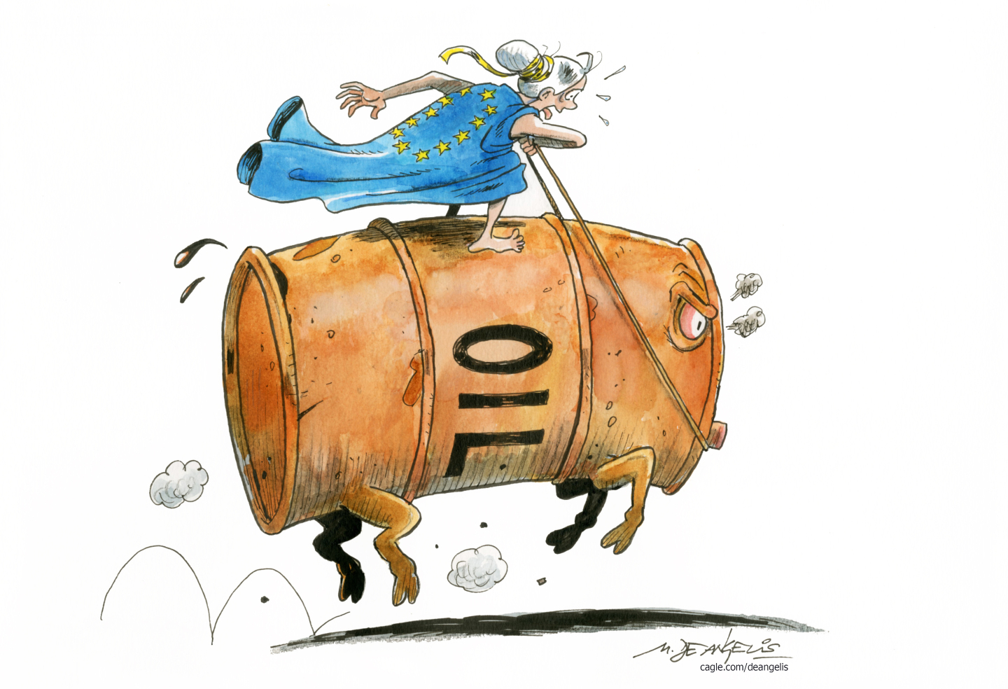 This political cartoon features a woman wearing the blue and gold flag of the European Union, precariously riding a bucking oil drum drawn to resemble a bull. The drum has an angry face and kicks up dust.