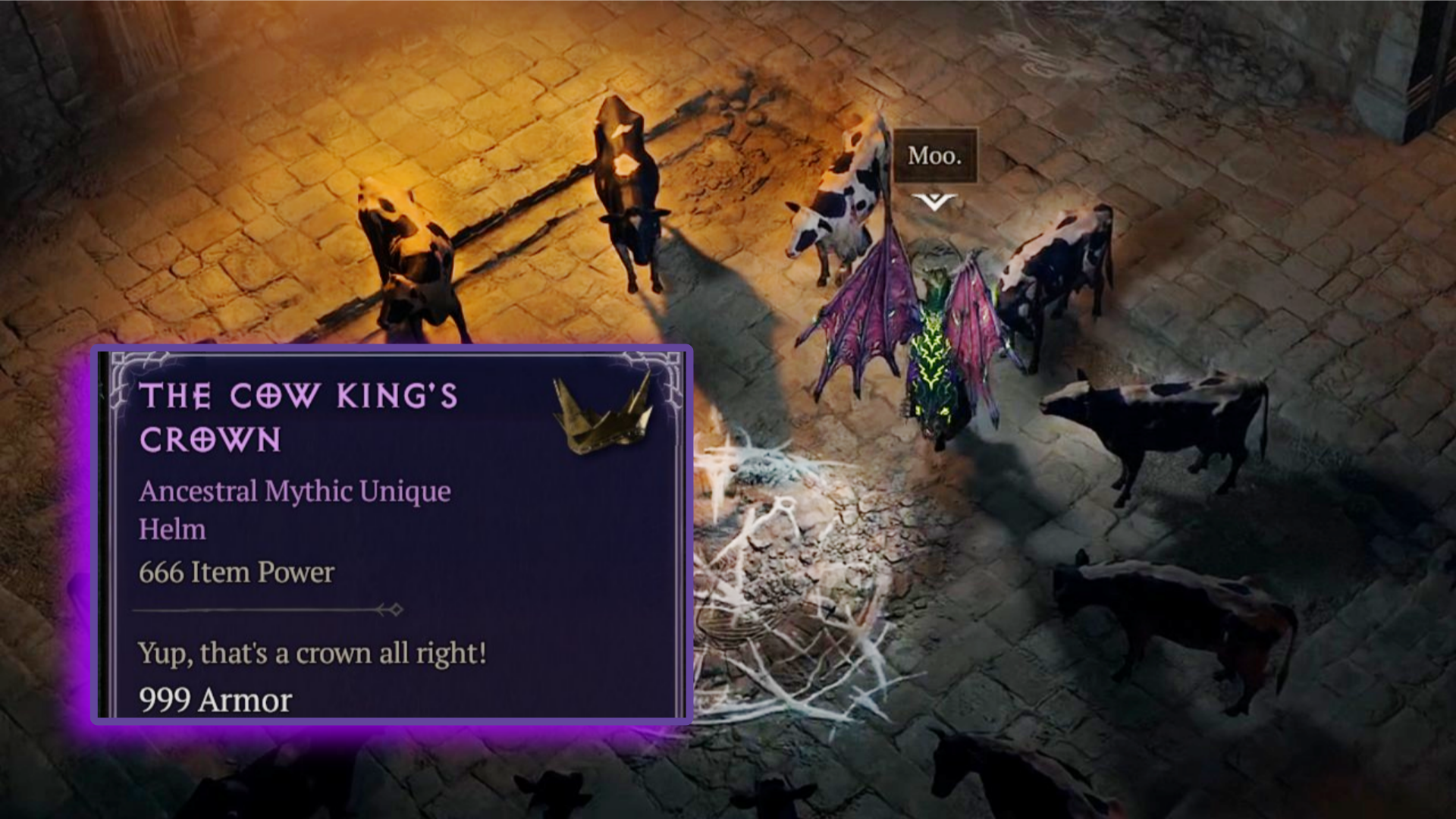 A character with wings surrounded by cows. A text box displays "The Cow King's Crown," noting "Ancestral Mythic Unique Helm" 