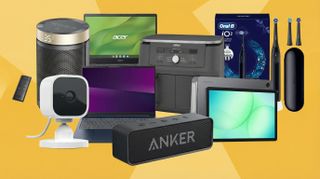 A collage of tech products from the Amazon UK weekend sale, including an Acer laptop, Blink Mini, Dreo heater, Ninja air fryer, Samsung tablet, and more.
