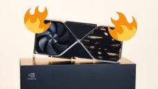 Image of the RTX 4090 propped up on its packaging, with a pair of マイ フラワー 30 'fire' emojis on either side of it.