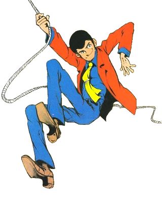 Anime characters to draw; a man in a red suit jacket and blue trousers swings on a rope