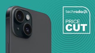 The iPhone 15 in Black on a Cyan background. Text reads: Price Cut