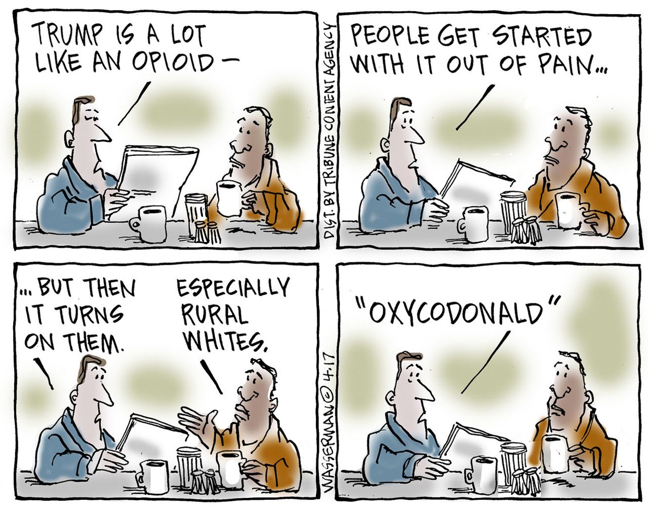 Political Cartoon U.S. President Trump opioid addiction pain rural